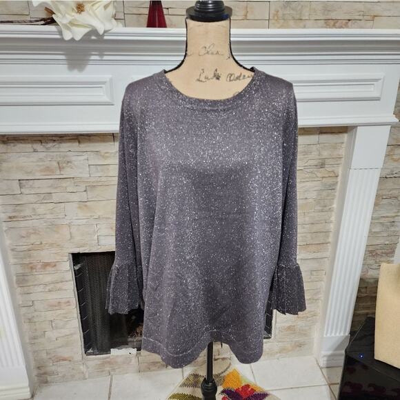 Cable & Gauge Grey metallic ruffled statement sleeve dressy sweater plus size 2X - Picture 1 of 7